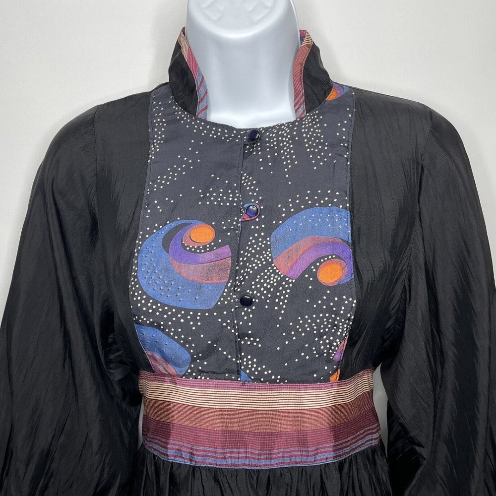 Vintage 70s Sharon's World Black Satin Balloon Sleeve Peasant Blouse Top - Picture 2 of 8